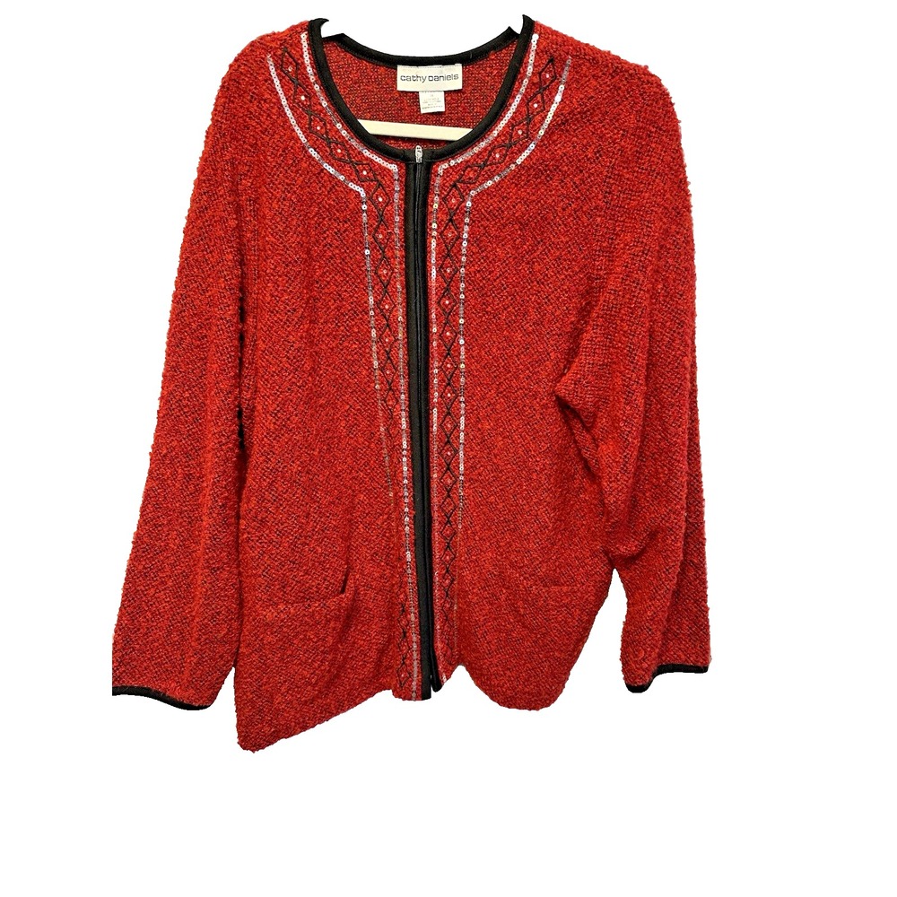Cathy Daniels Jacket Womens 1X Red Polyester Long Sleeve Sequin Pockets Full Zip